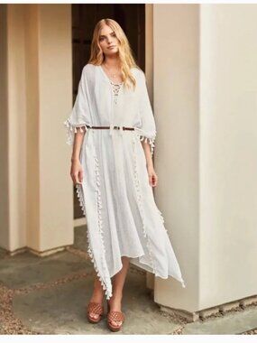 NWT Walter Baker Acapulco Kaftan Ivory Tassel Swim Cover Up OS